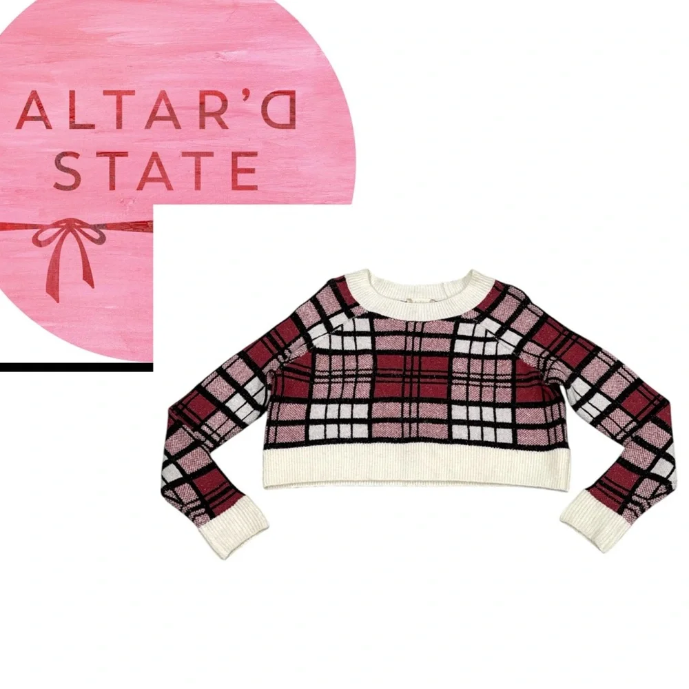 Altar’d State Pink White Plaid Pullover Cropped Sweater